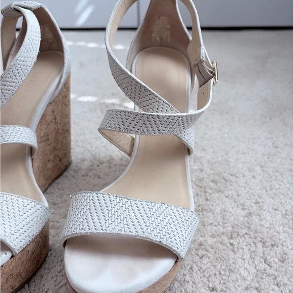 Jimmy Choo White Woven Leather Portia Cork Wedge Platform Sandals Sz 38.5 US 8.5 - Picture 3 of 11